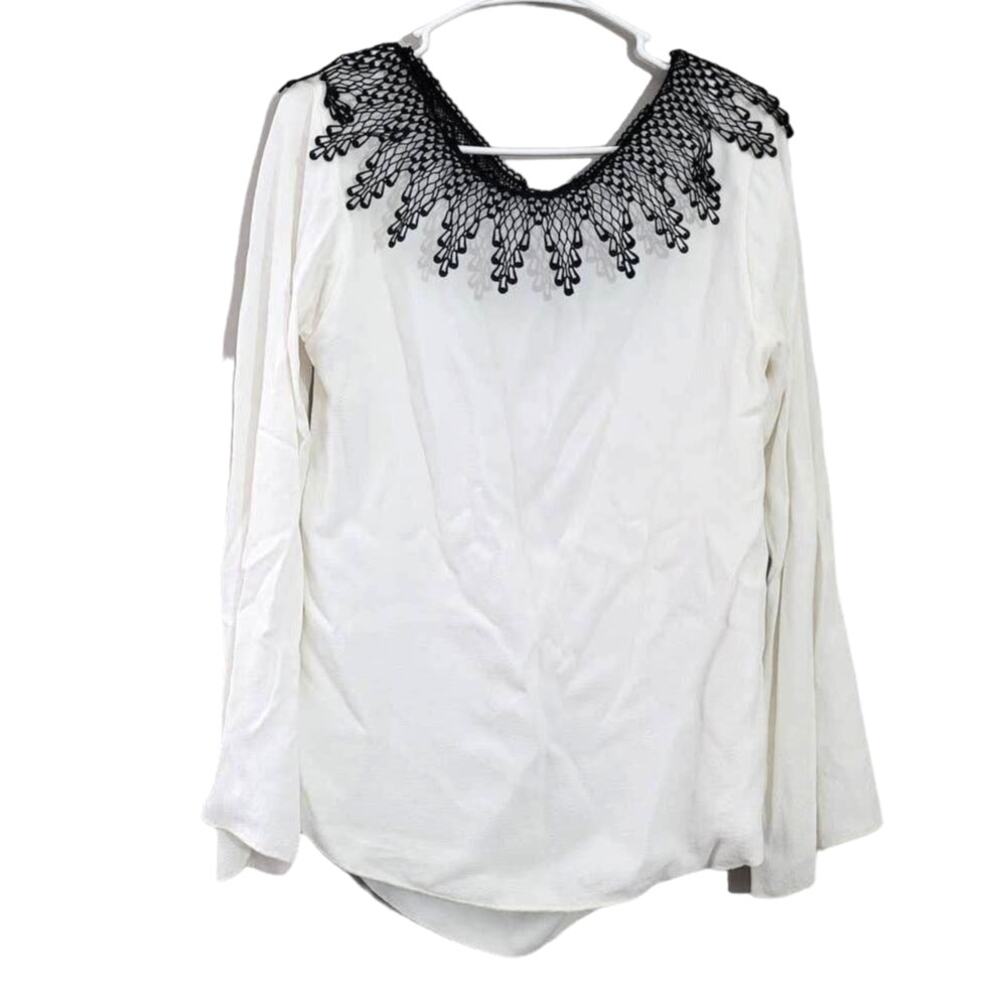 For‎ Love & Lemons Blouse White Crochet Lace Neck Long Sleeve Size XS